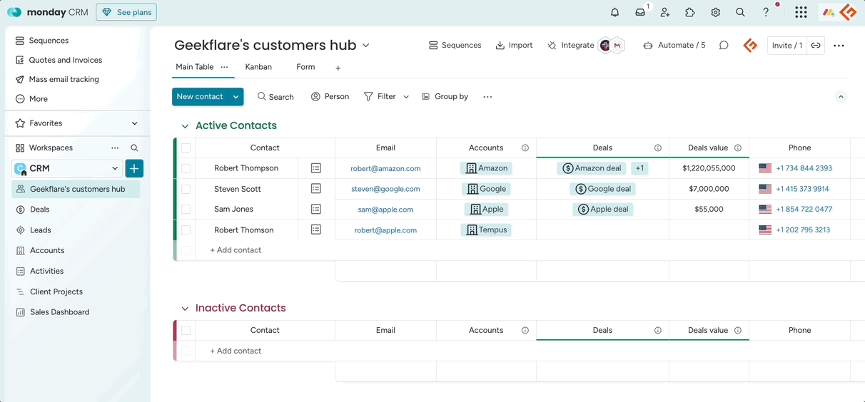 monday crm Accounts board