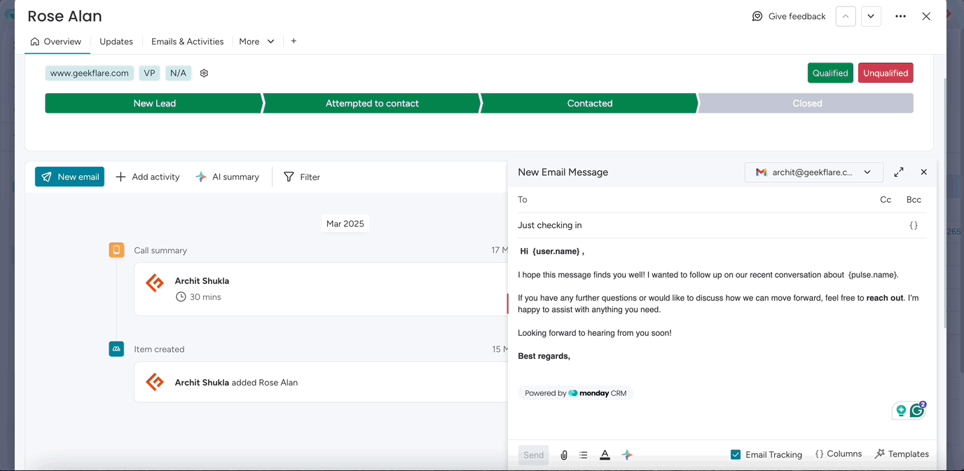 monday crm email writer