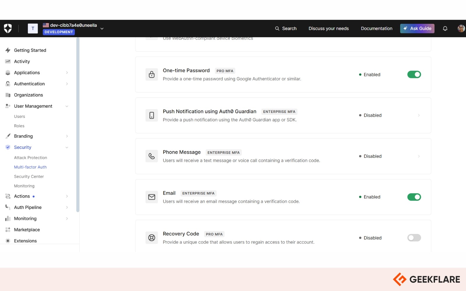 Auth0 dashboard