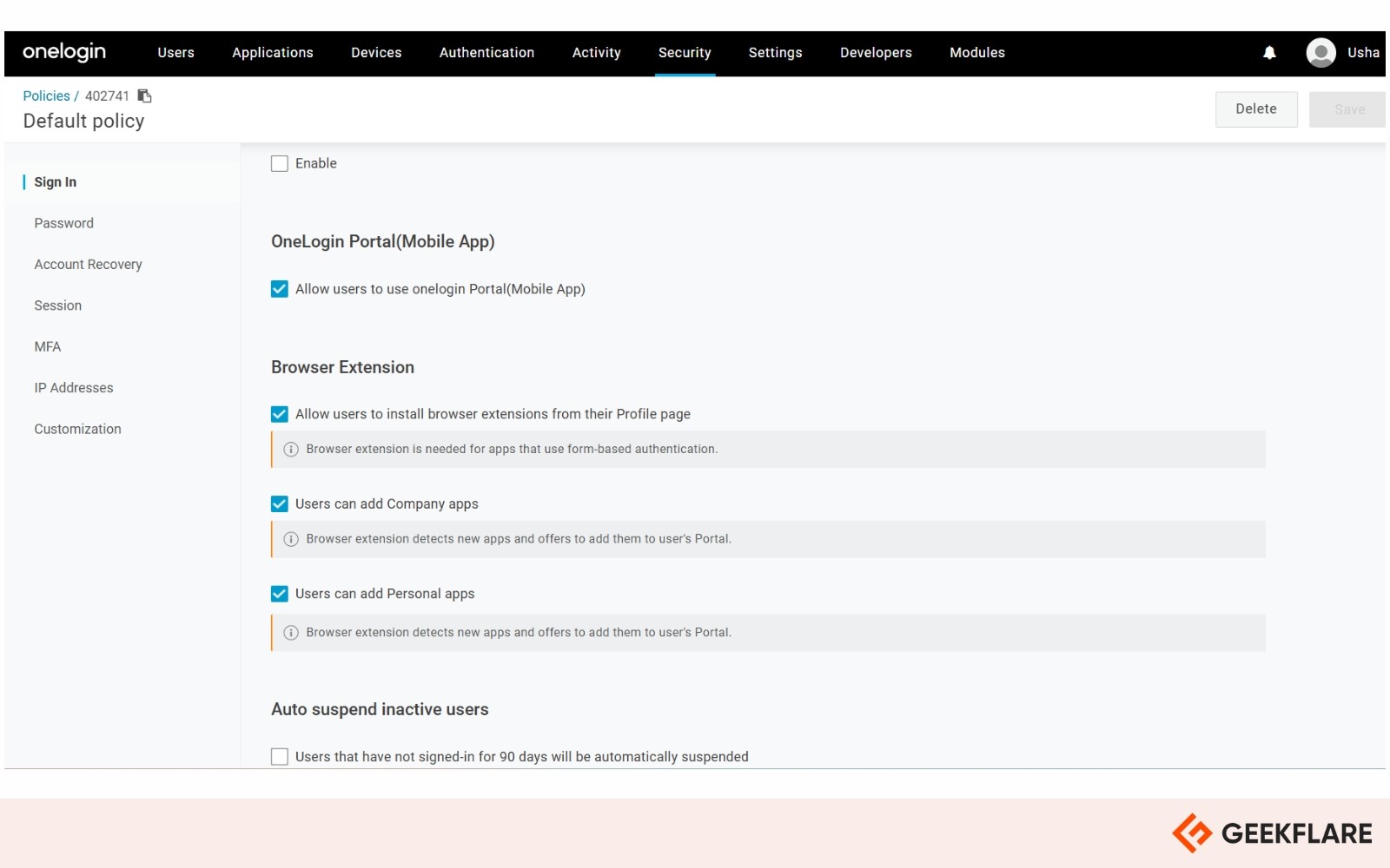 onelogin dashboard