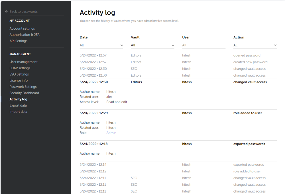 passwork activity log