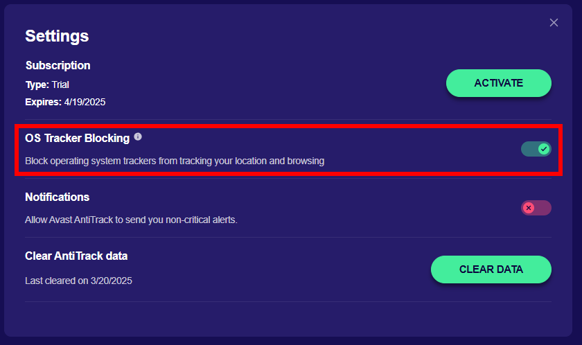 avast antitrack os tracker blocking