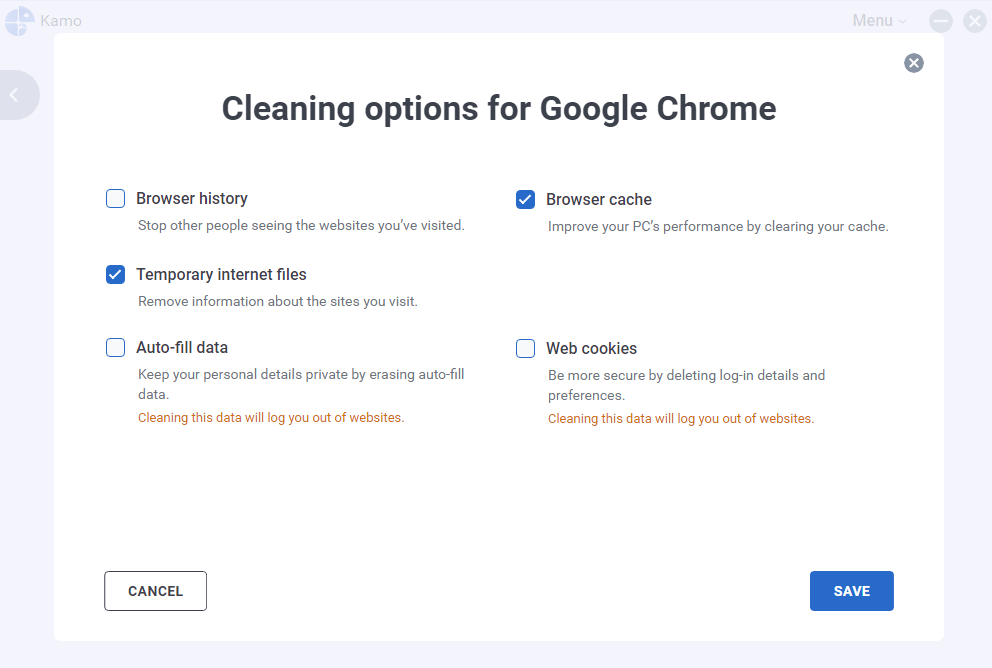 browser cleaning options kamo