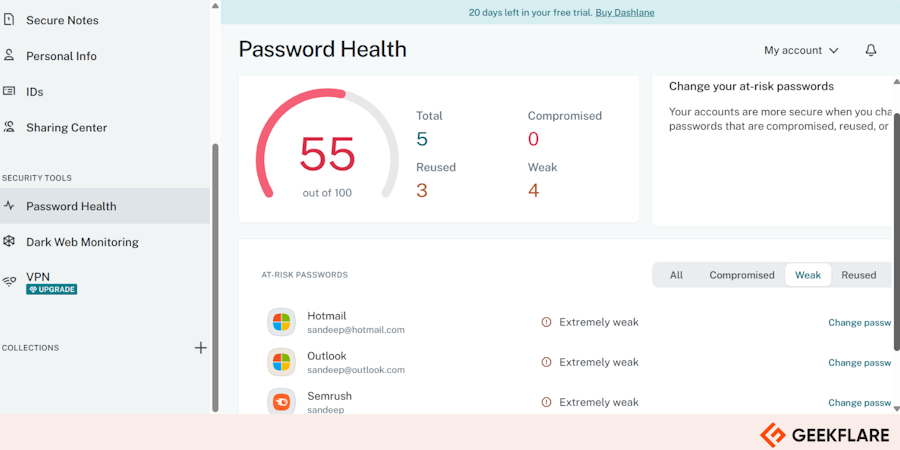Dashlane password health score
