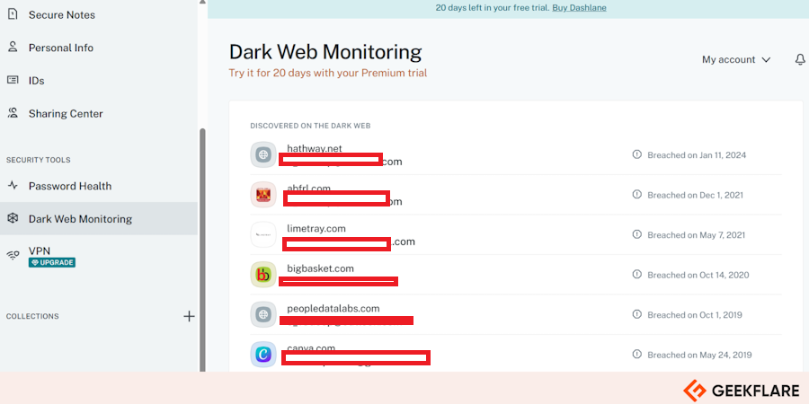 Dashlane showing data on the darkweb