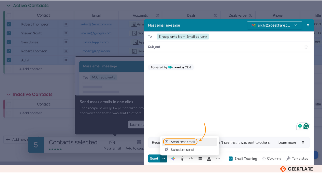 I tried monday CRM's test email feature