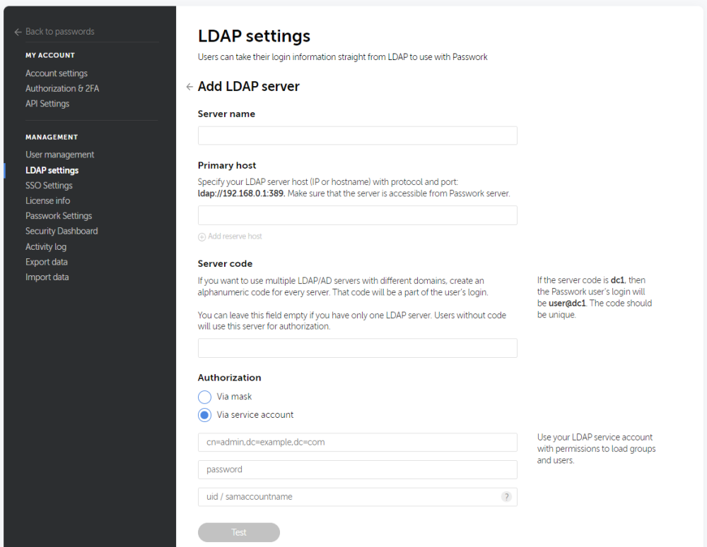 ldap server addition in self hosted passwork