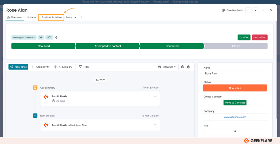 monday.com CRM 'Emails and Activities'
