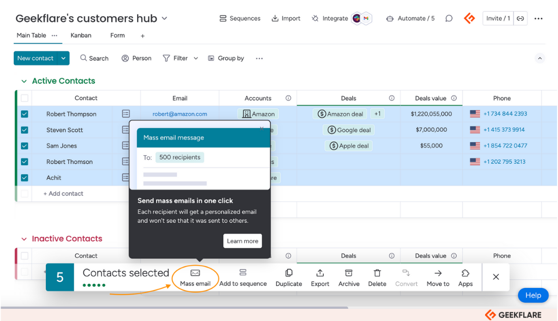 monday.com CRM Mass Email feature