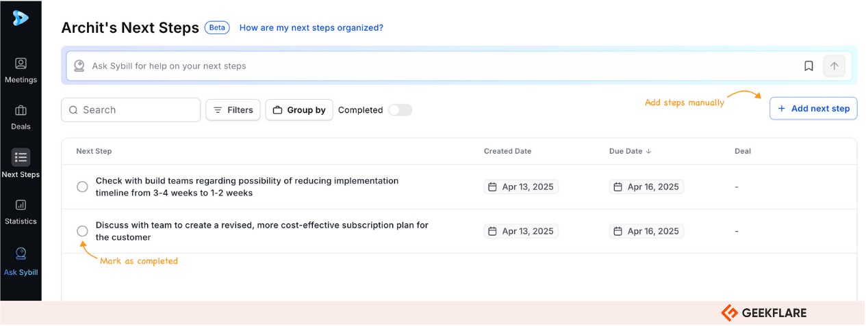 Sybill AI recommended next steps
